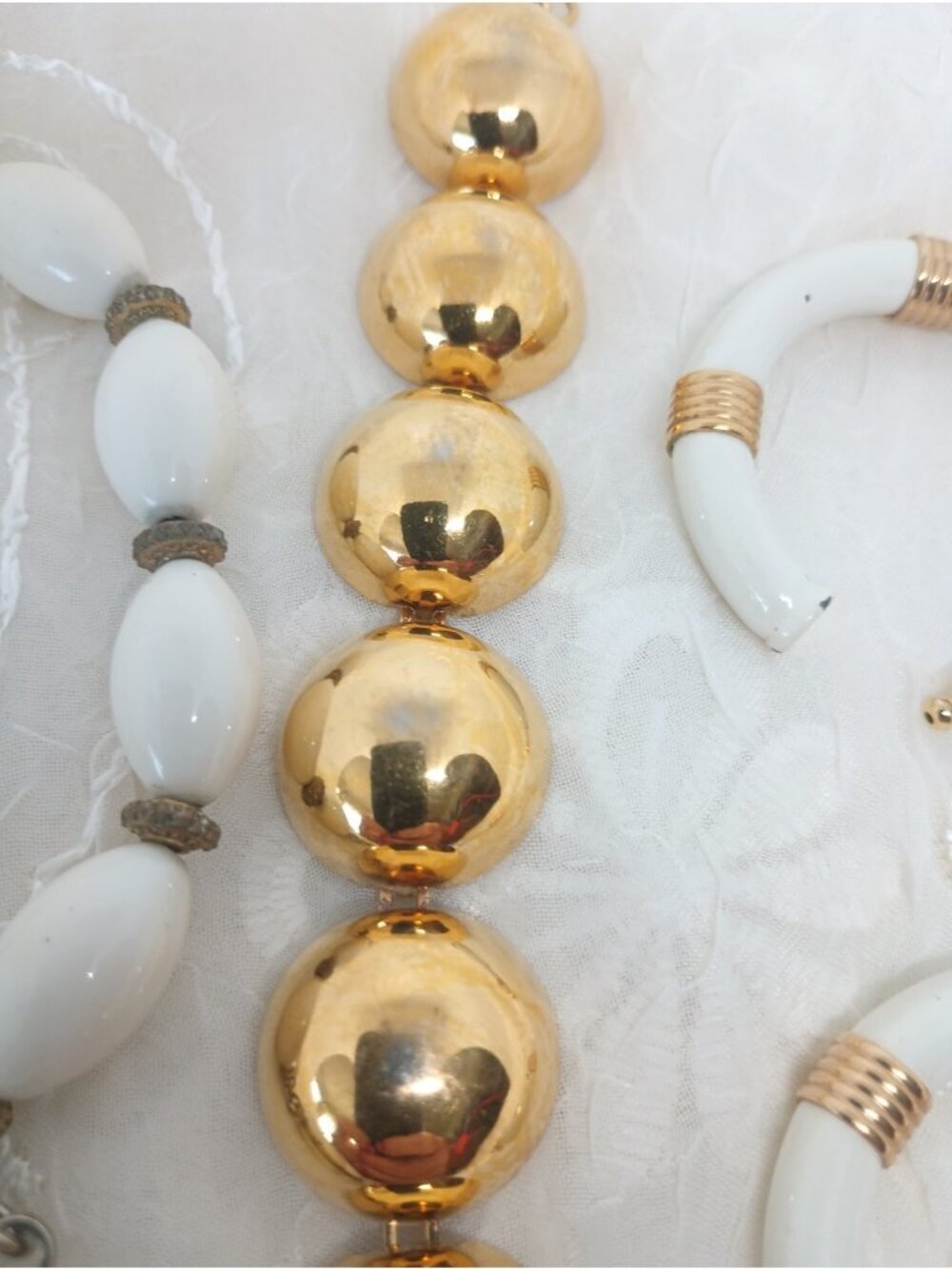 Vtg Monet Lot Bracelet Earring ~Gently loved Gold Half Sphere, White Lucky Charm - Picture 6 of 14